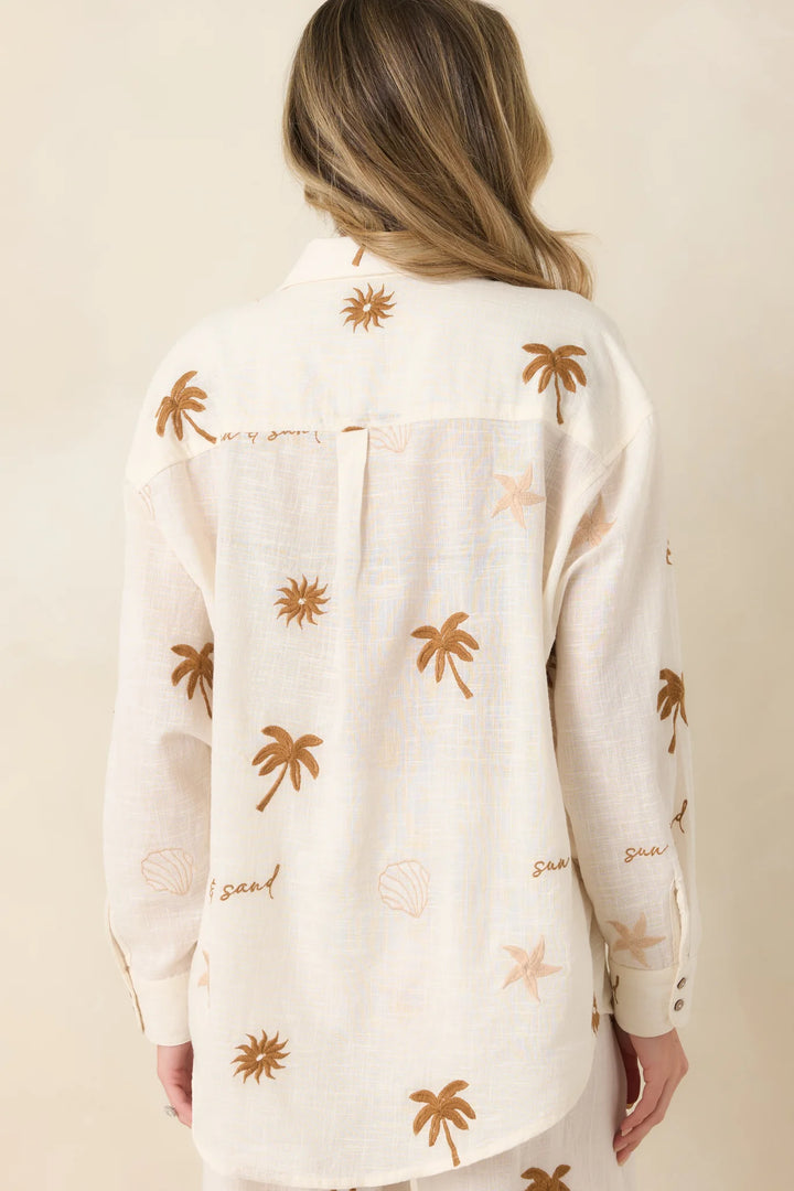 Driftwood Days Light Beige Cotton Coastal Embroidered Button Down Top
