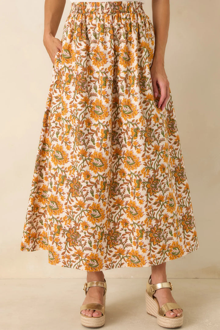 Easy to Love Marigold & Olive Green Floral Cotton Maxi Skirt
