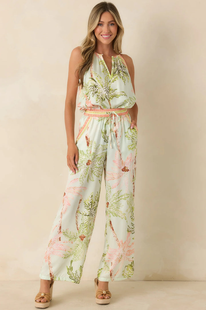 Palm Breeze Seafoam Green Palm Print Drawstring Pants