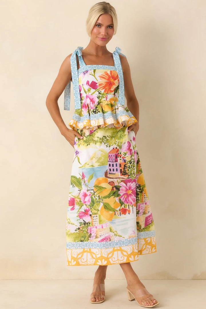 Prosperina Harley Multi Linen Blend Floral Print Peplum Top