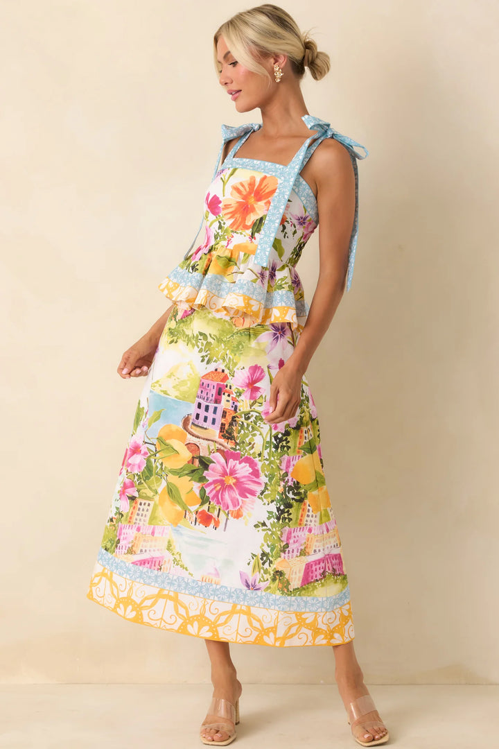 Prosperina River Multi Linen Blend Scenic Coastal Print Midi Skirt