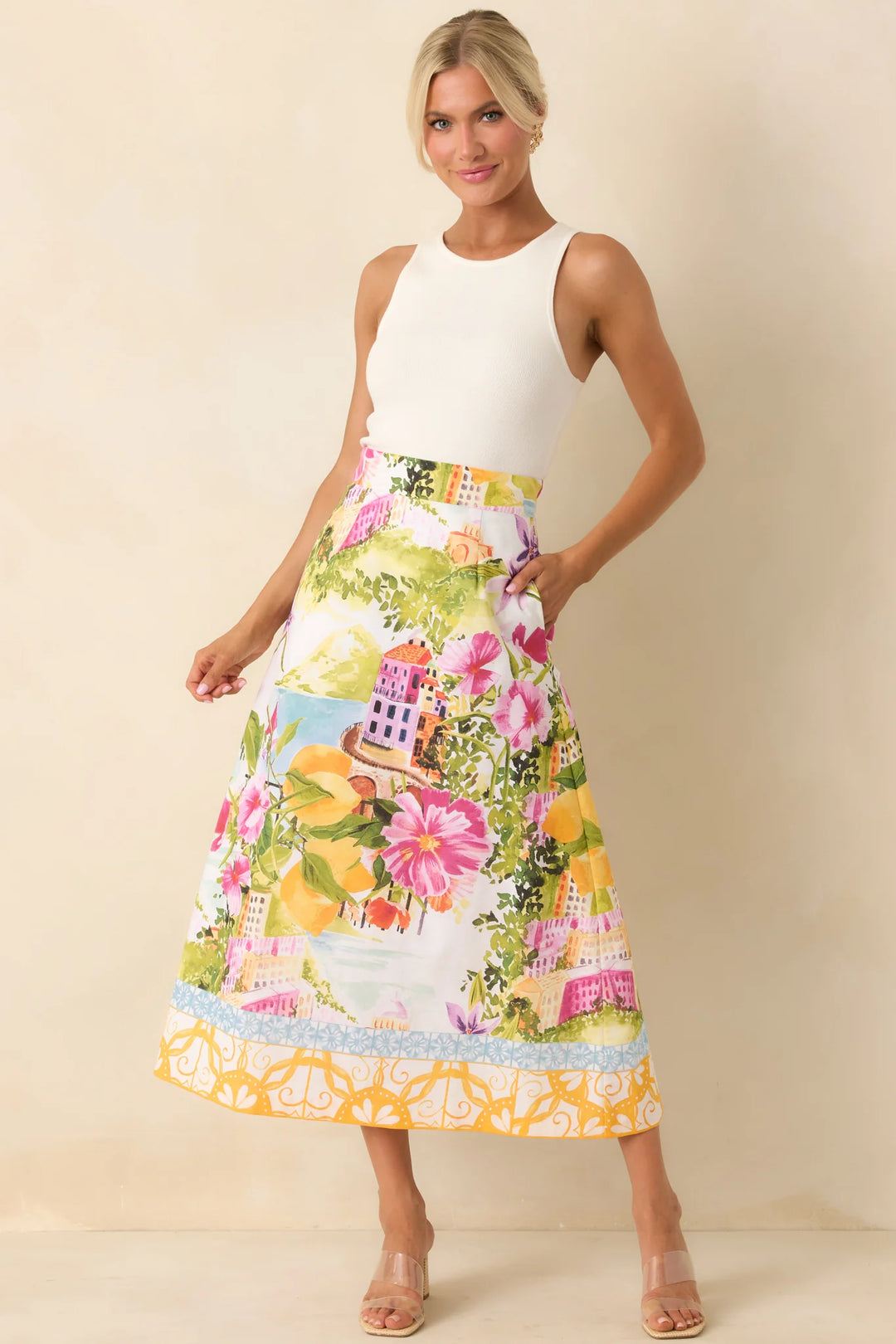 Prosperina River Multi Linen Blend Scenic Coastal Print Midi Skirt