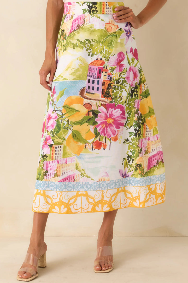 Prosperina River Multi Linen Blend Scenic Coastal Print Midi Skirt
