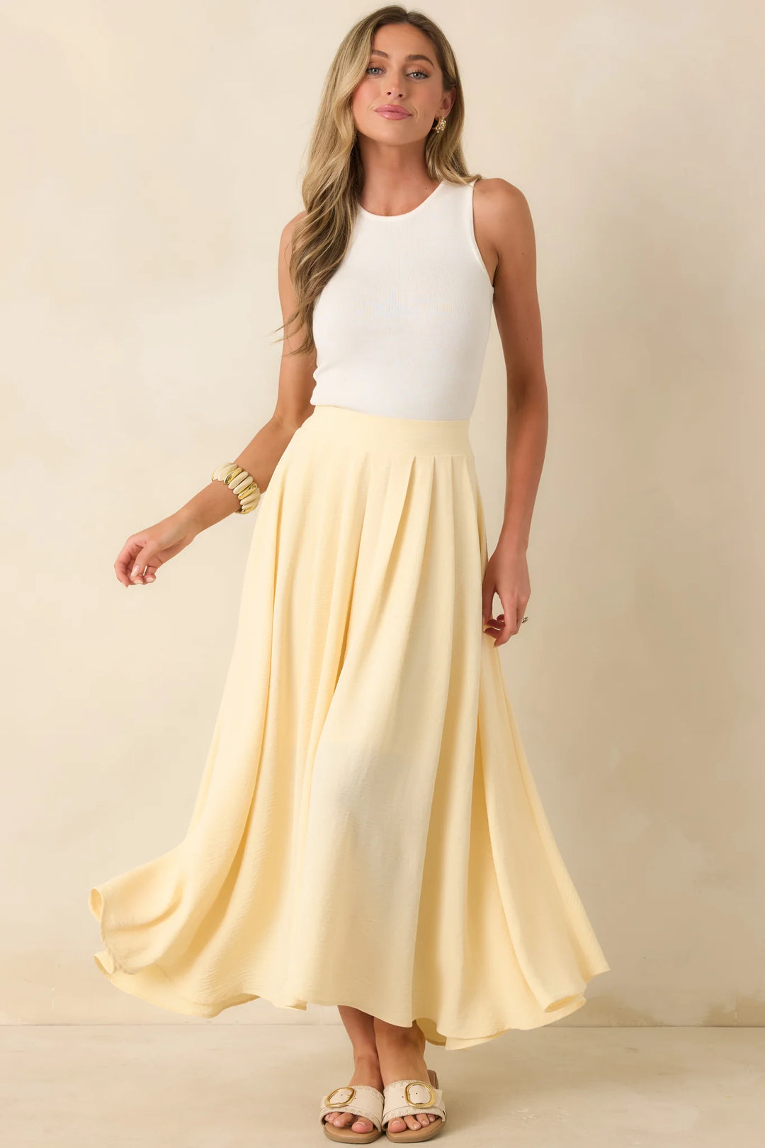 Ebb and Flow Light Yellow Curved Hem Maxi Skirt