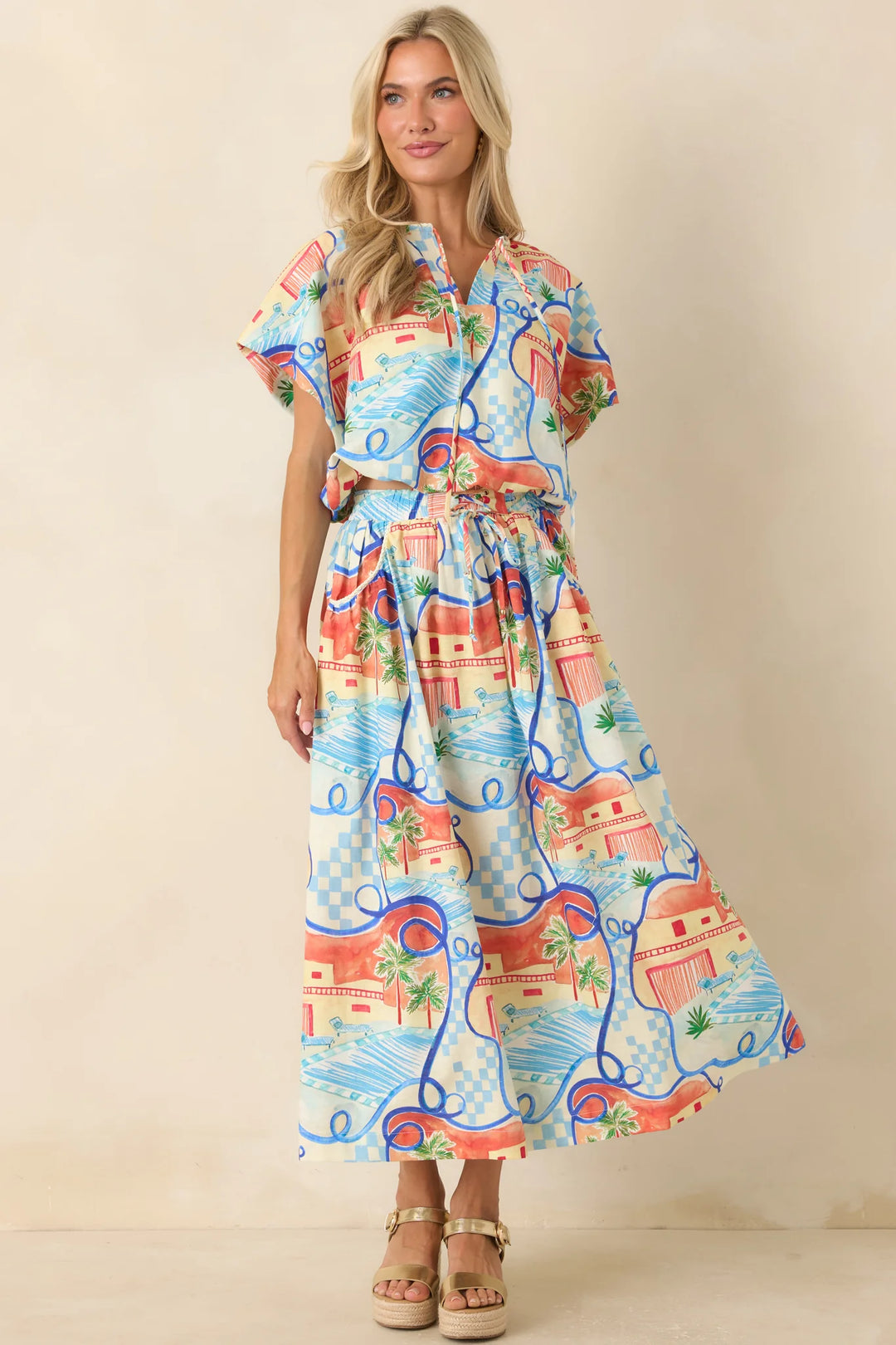 Where To Next? Coral Orange & Blue Multi Poolside Print Midi Skirt