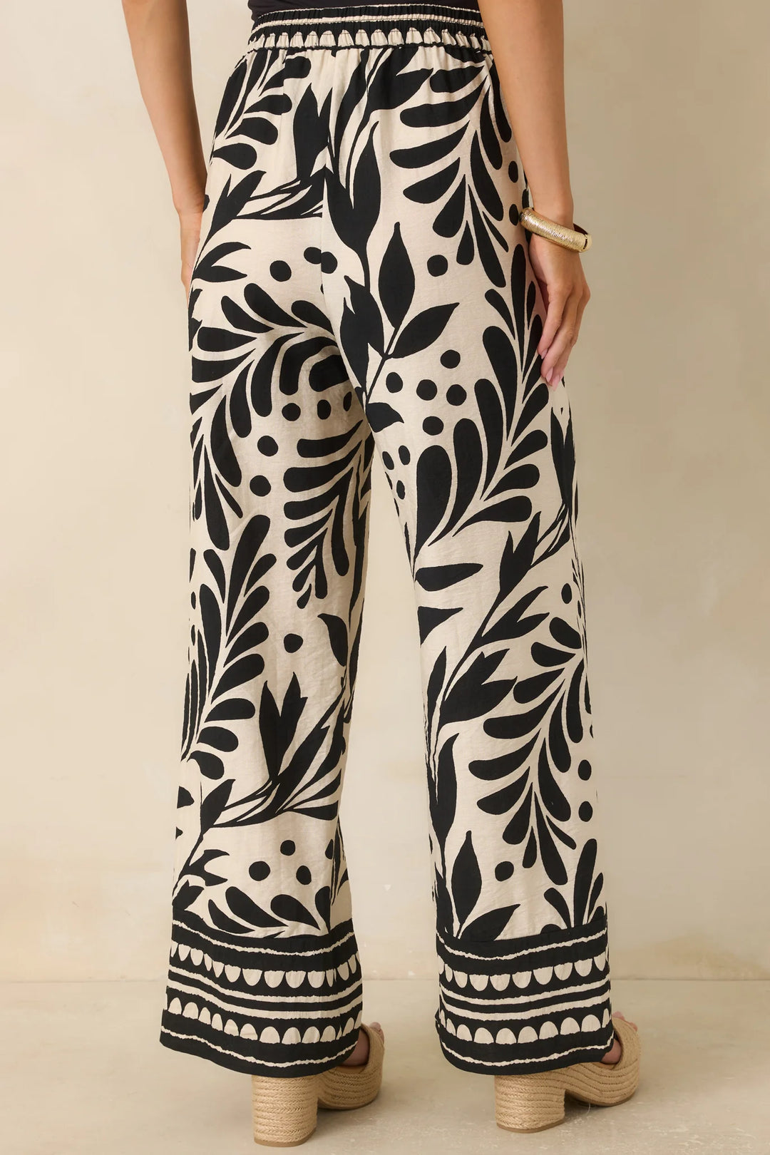 Palma Nights Black & Natural Botanical Print Wide Leg Pants