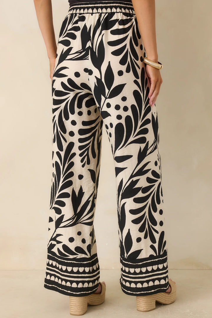 Palma Nights Black & Natural Botanical Print Wide Leg Pants