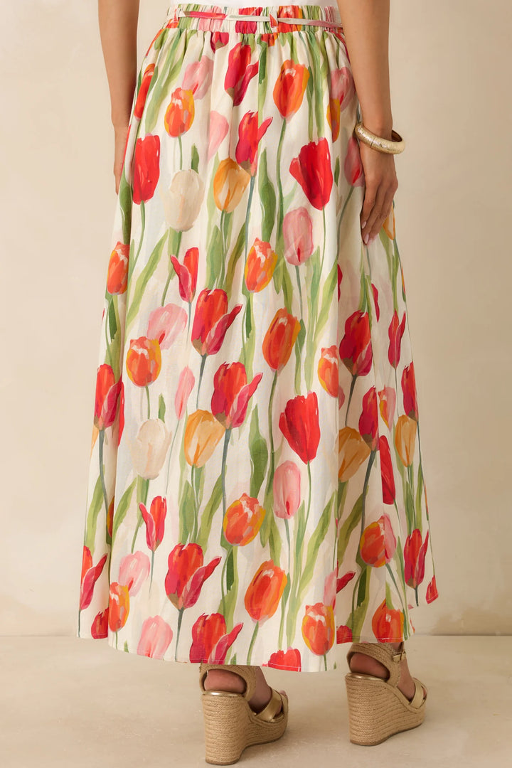 Garden District Ivory & Red Multi Linen Blend Floral Midi Skirt