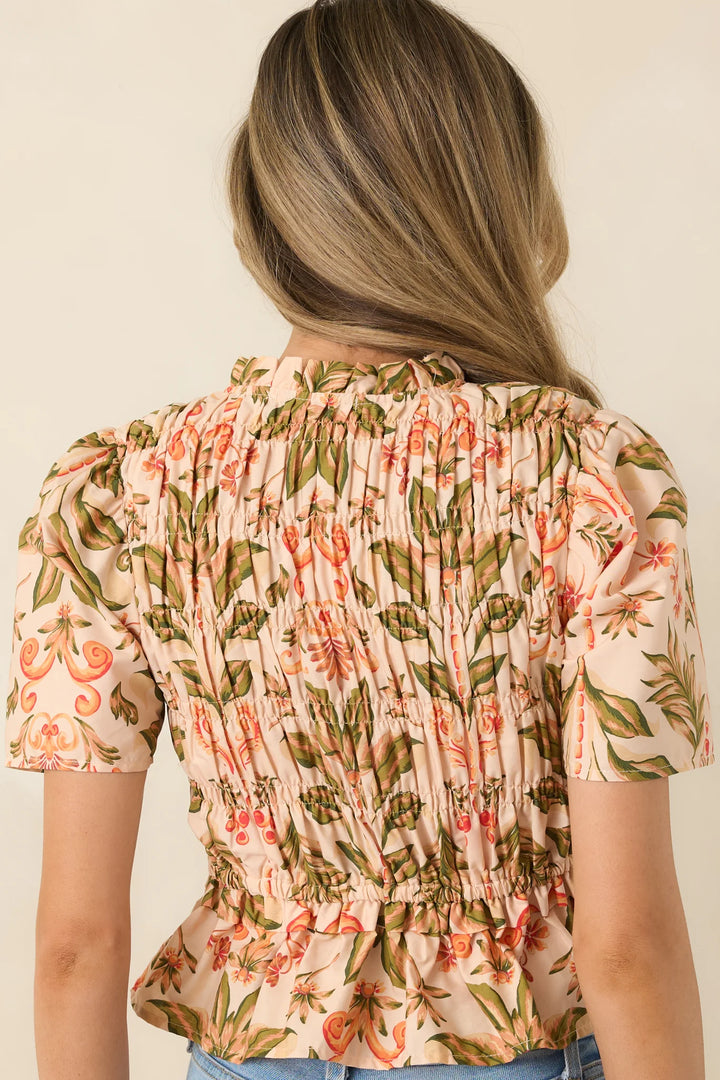 Bloom With Me Peach & Meadow Green Floral Smocked Cotton Top