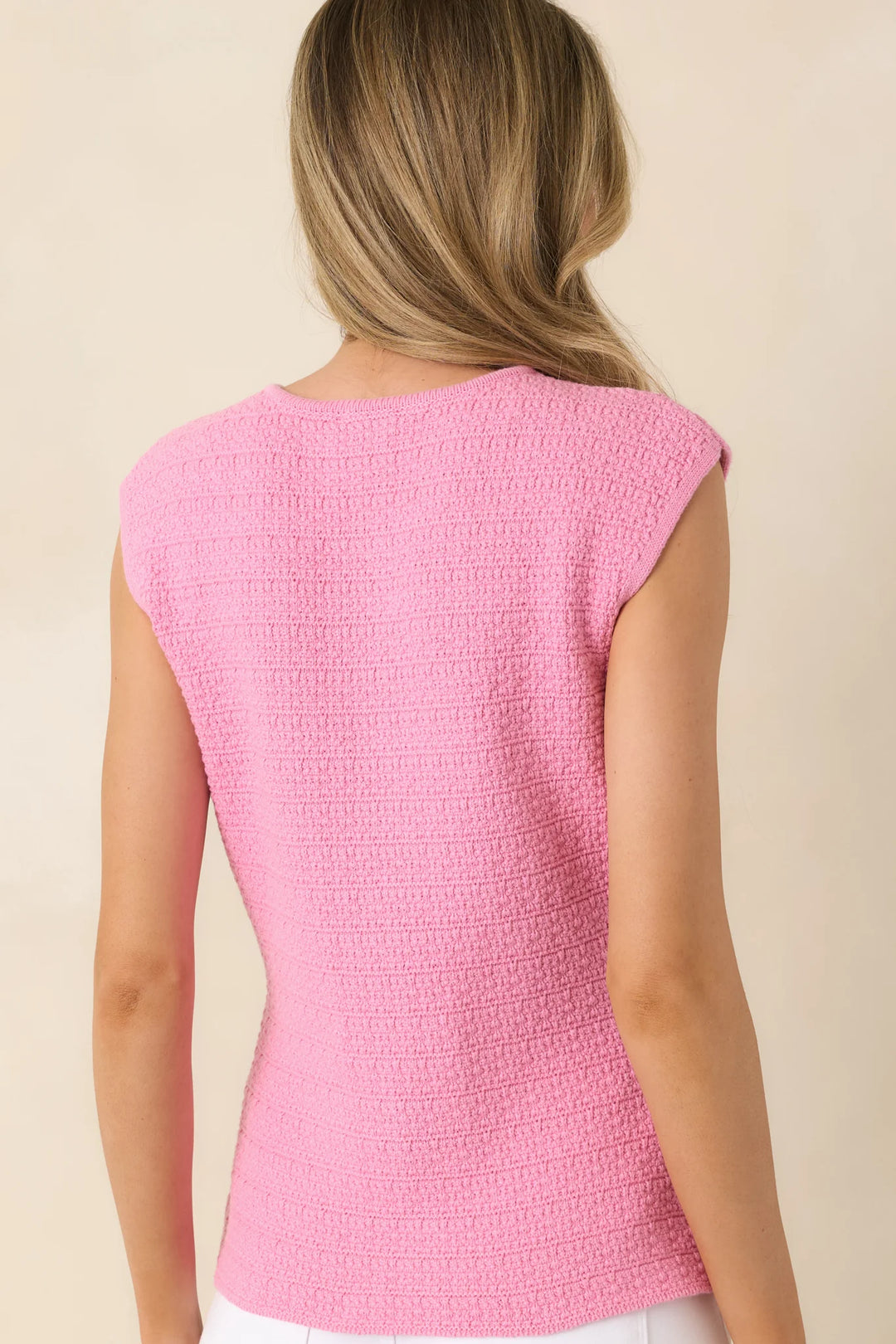 Pretty Poised Pink Textured Cotton Sleeveless Button Front Top