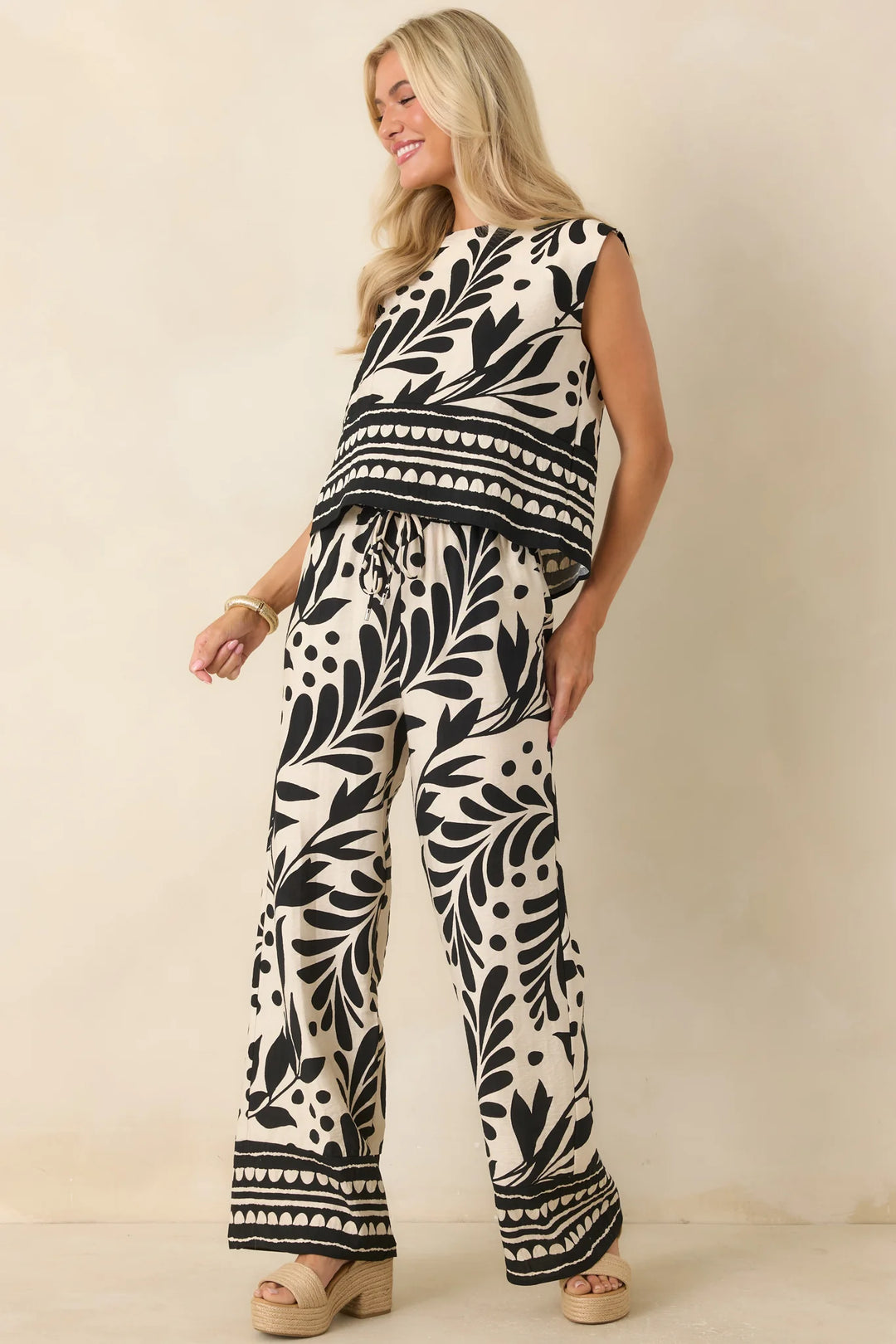 Palma Nights Black & Natural Botanical Print Wide Leg Pants