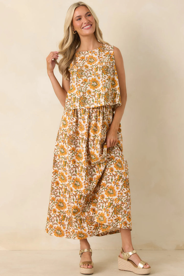 Easy to Love Marigold & Olive Green Floral Cotton Button-Back Top