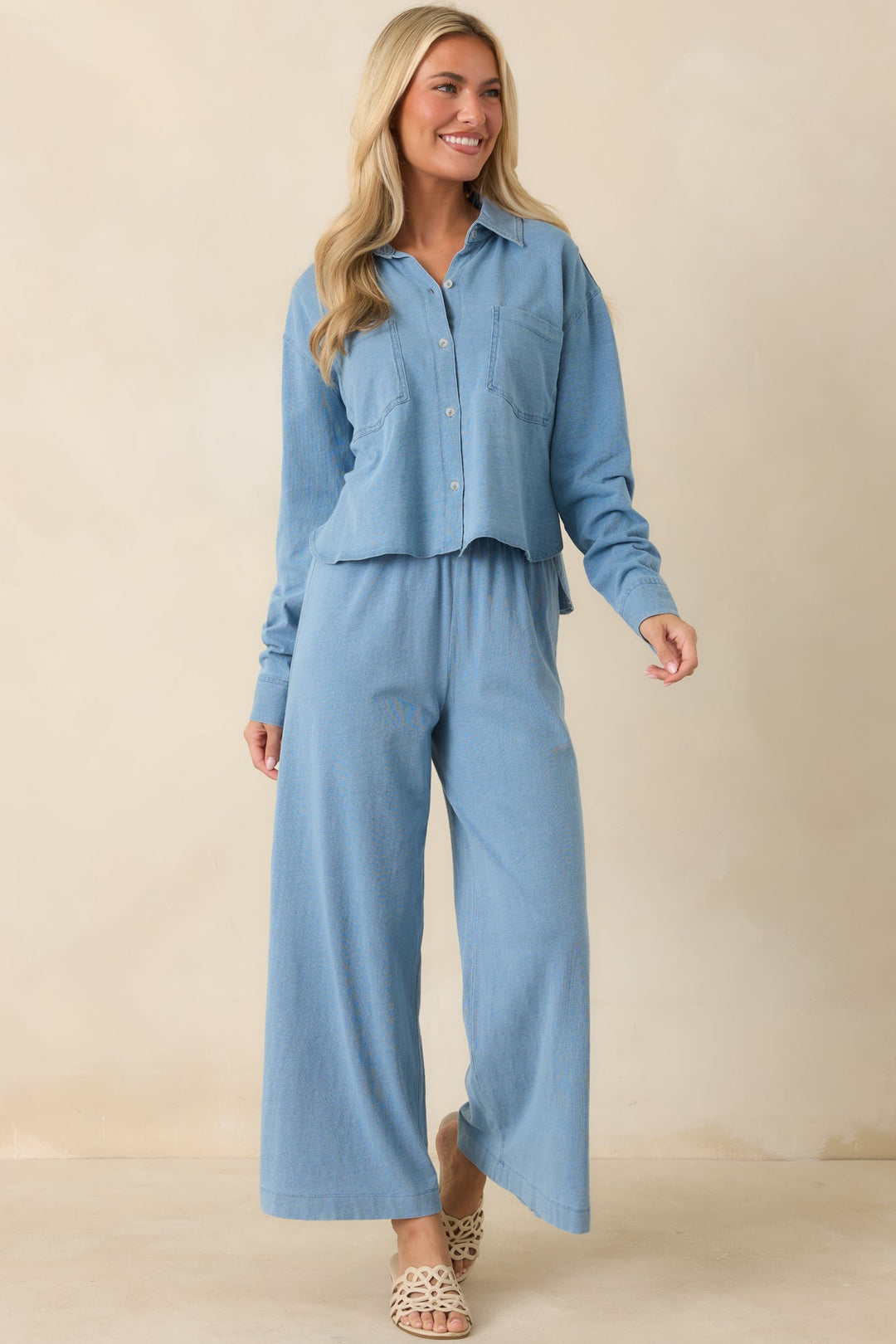 Z Supply Reese Washed Indigo Cropped Denim Jersey Button Up