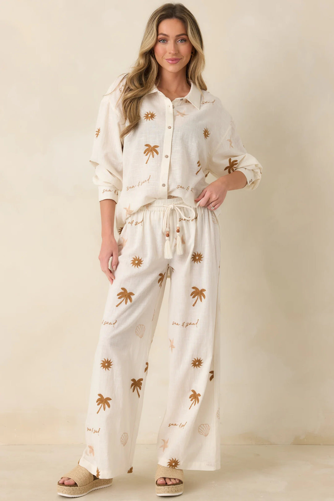 Driftwood Days Light Beige Cotton Coastal Embroidered Wide Leg Pants