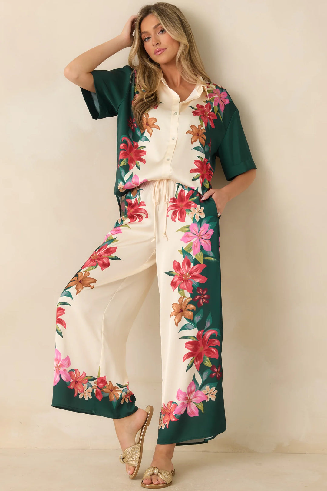 Z Supply Lani Kiwi Teal Multi Floral Wide Leg Pants