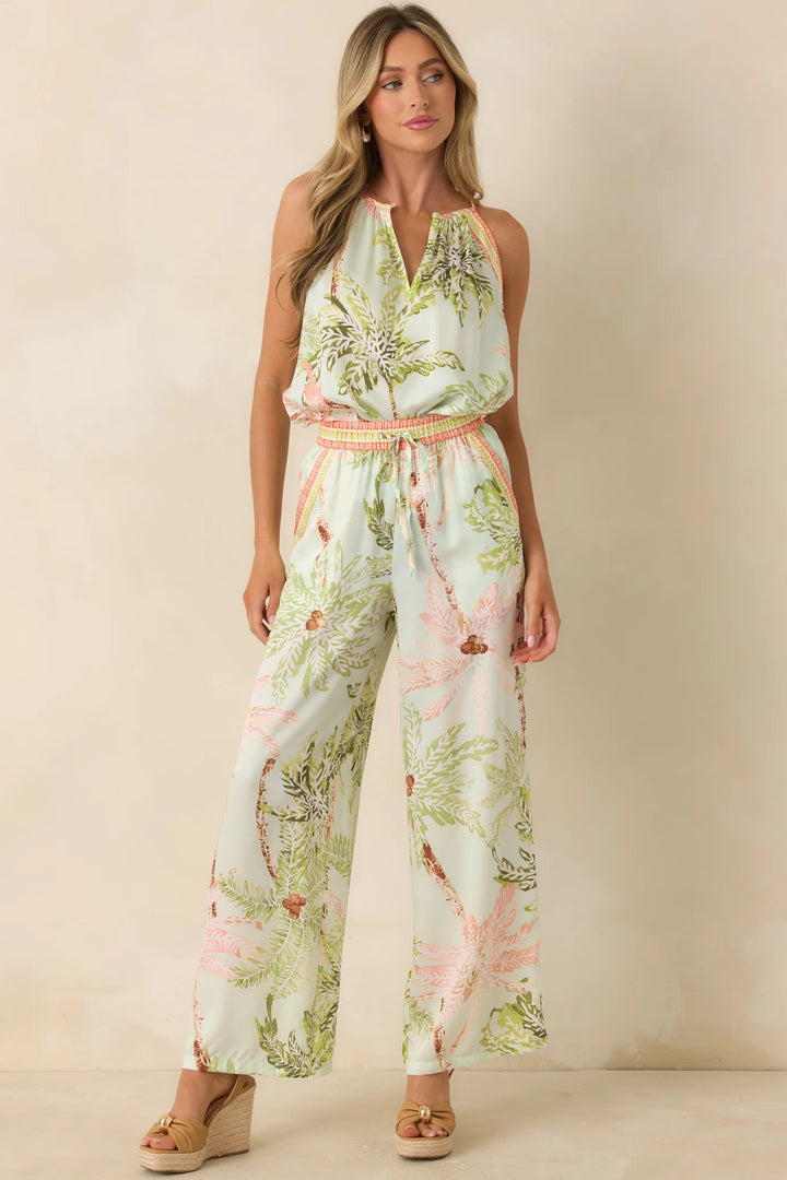 Palm Breeze Seafoam Green Multi Palm Print Sleeveless Top