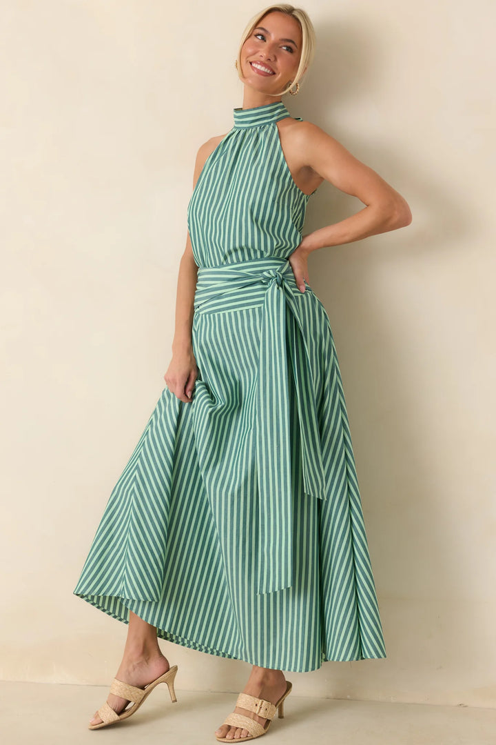 FRNCH Crescenzo Green Stripe Cotton Tie-Neck Halter Top