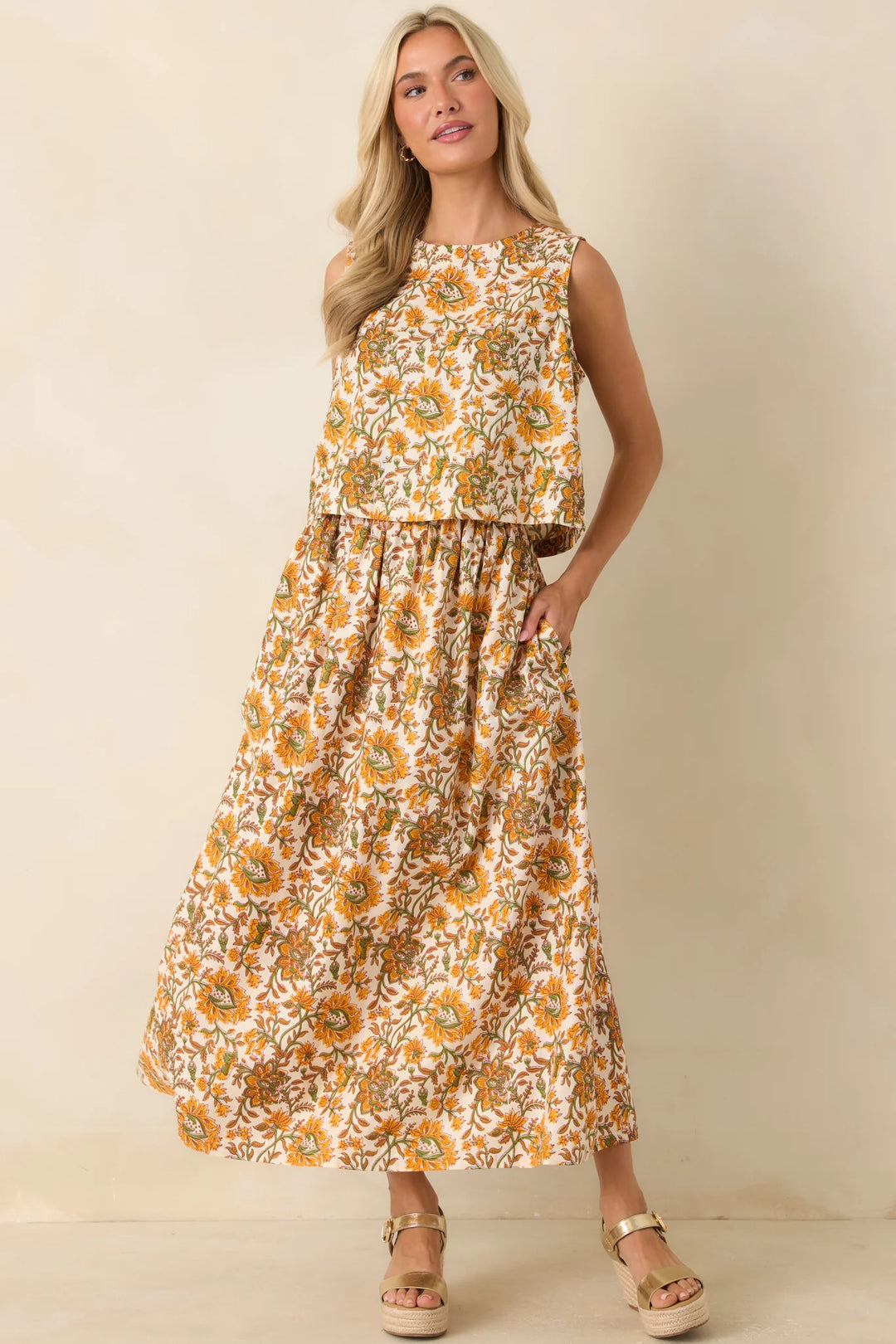 Easy to Love Marigold & Olive Green Floral Cotton Button-Back Top