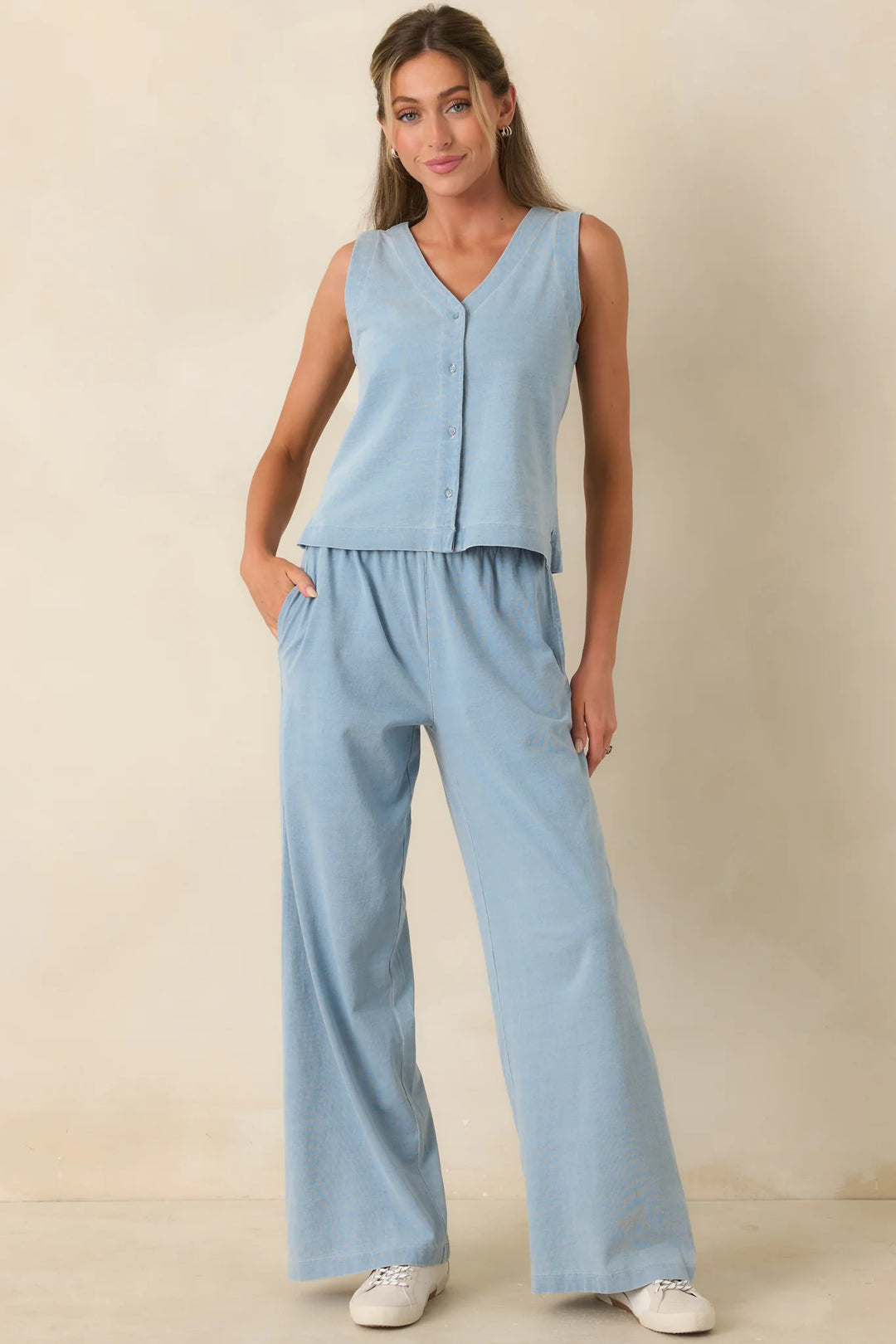 Casual Company Light Denim Blue Cotton Wide Leg Pants