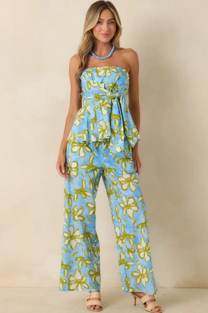 Flower Power Move Blue Floral Cotton Peplum Top
