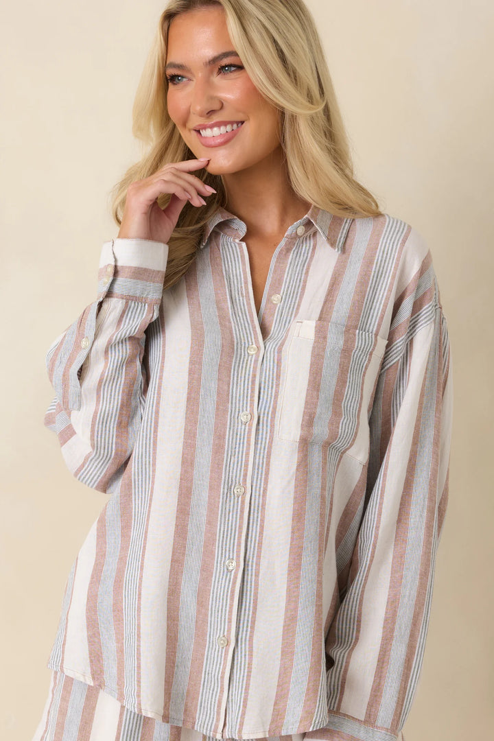 Z Supply The Perfect Beige & Green Stripe Button Up Top