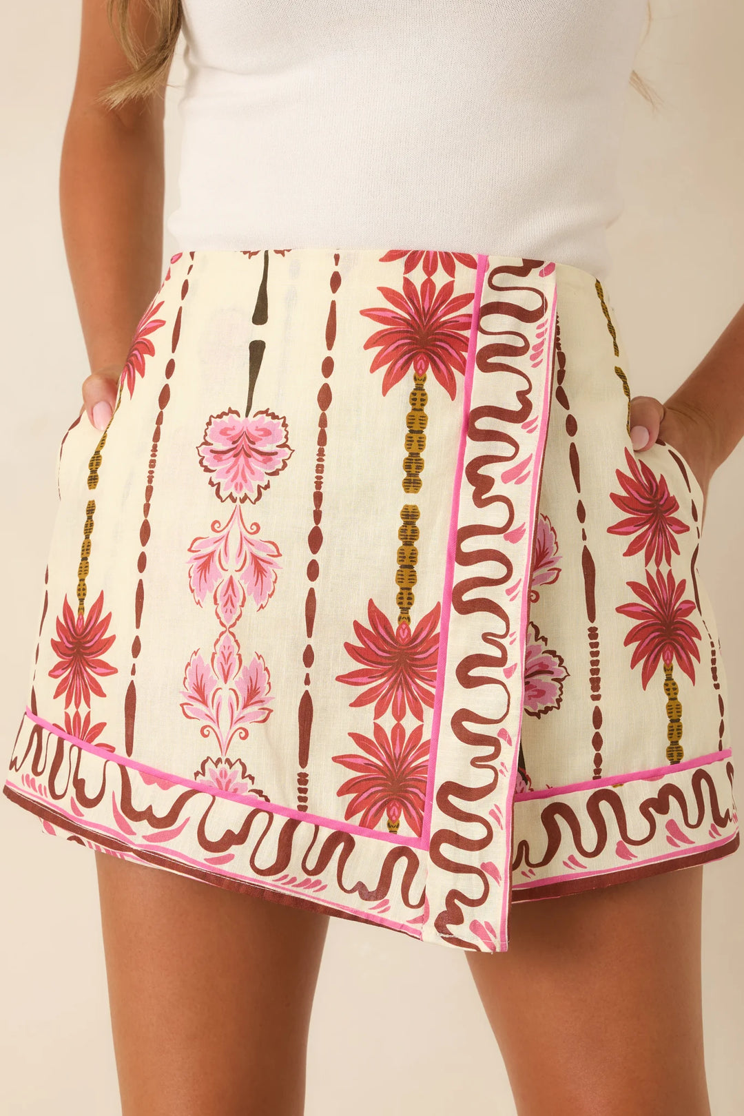 One More Sunset Pink Floral Cotton Linen Mini Skort