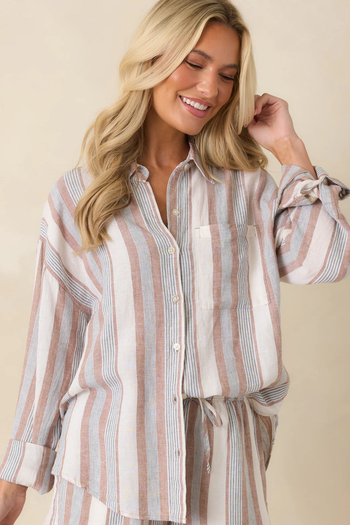 Z Supply The Perfect Beige & Green Stripe Button Up Top