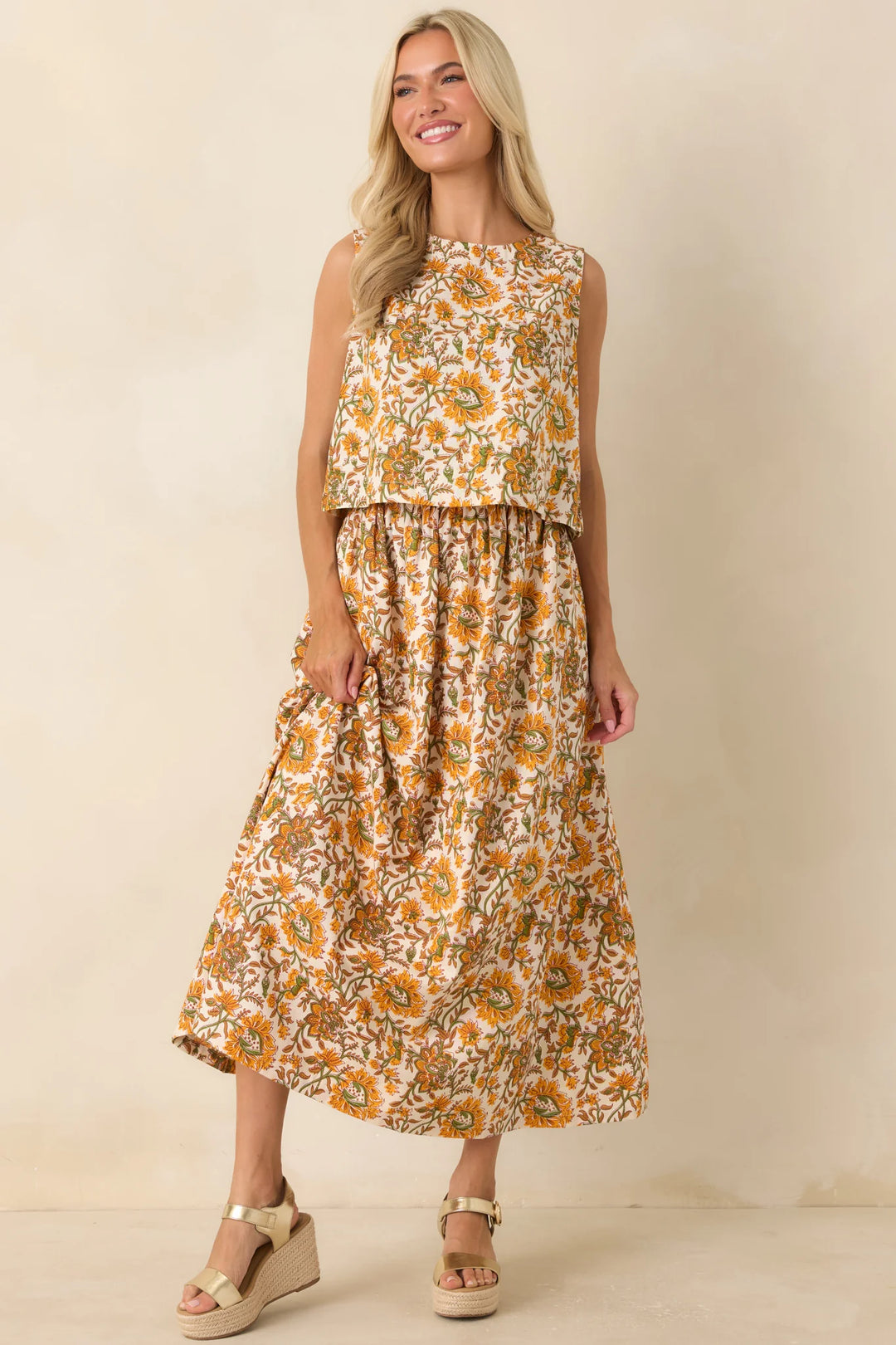 Easy to Love Marigold & Olive Green Floral Cotton Maxi Skirt