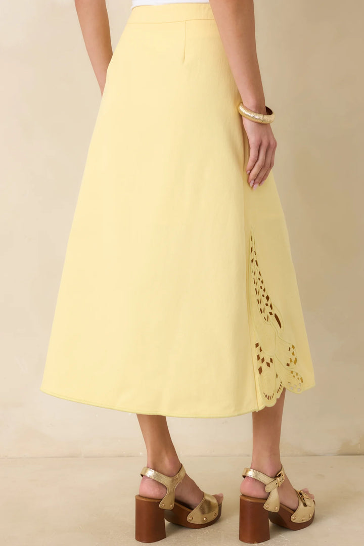 Just Imagine Yellow Cotton Cutwork Embroidery Midi Skirt